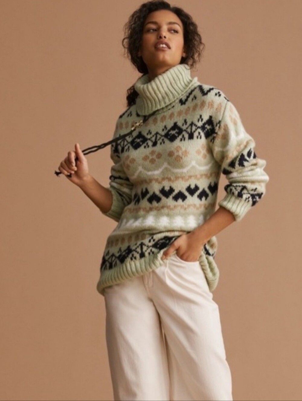 Anthropologie Mint Green Fair Isle Turtleneck Knitted Sweater